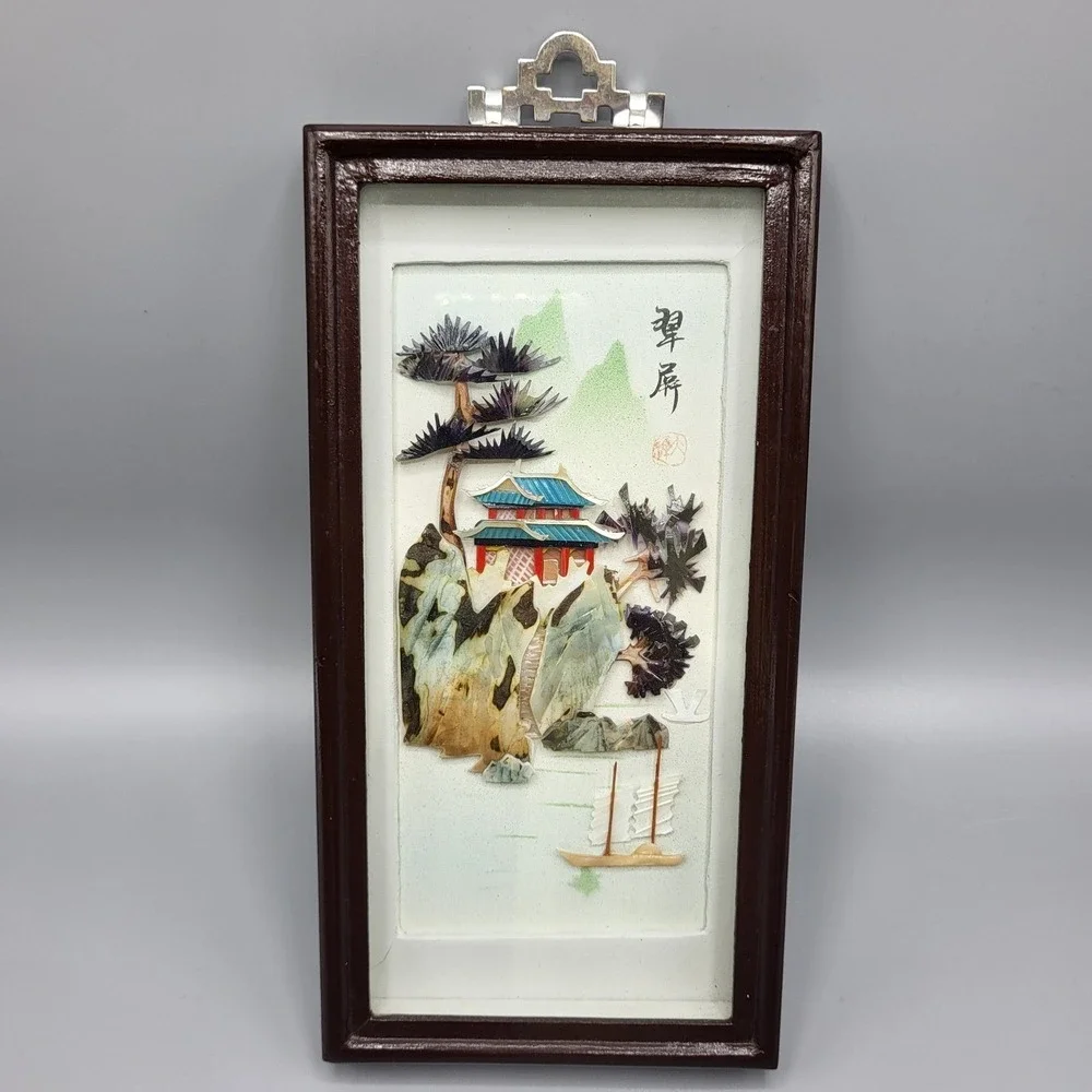 Vintage Chinese Shell Art Shadow Box Pagoda Landscape 3D Wall Decor 9